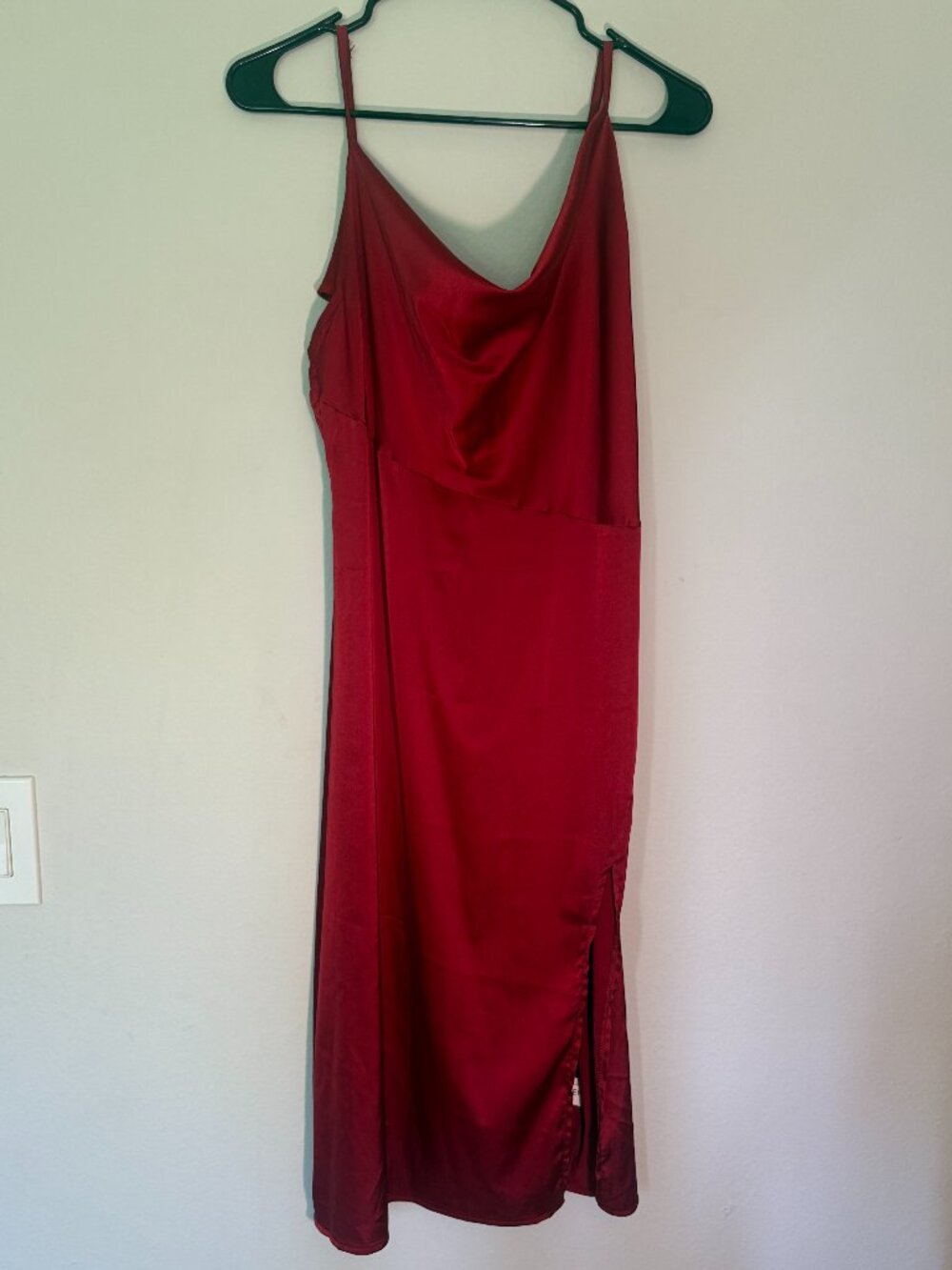 Satin Cowl Neck Slip Dress in Cherry Red with Slit